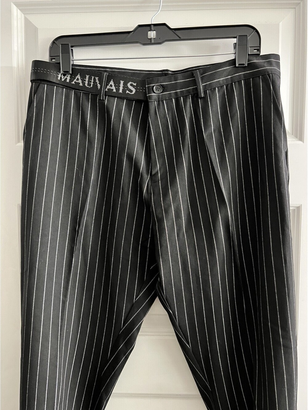 Mauvais Dress Pants Men’s Sz 34 Black Pinstripe Half Belt Trousers Hipster Retro